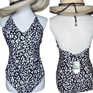 Jessica Simpson Estilo Black White Print Halter Neck One Piece Swimsuit L NWT